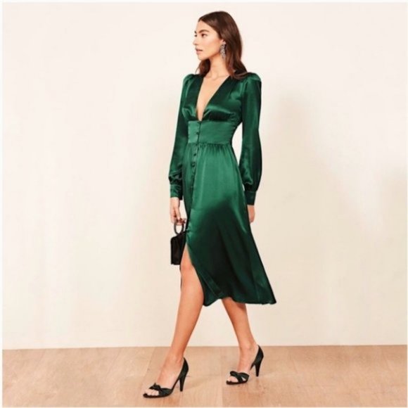 Reformation Nicola Silk Midi Dress Emerald Green 4 - Picture 12 of 12
